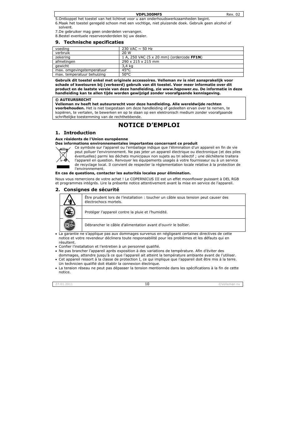 Otice d, Emploi | Velleman VDPL300MF5 User Manual | Page 10 / 23