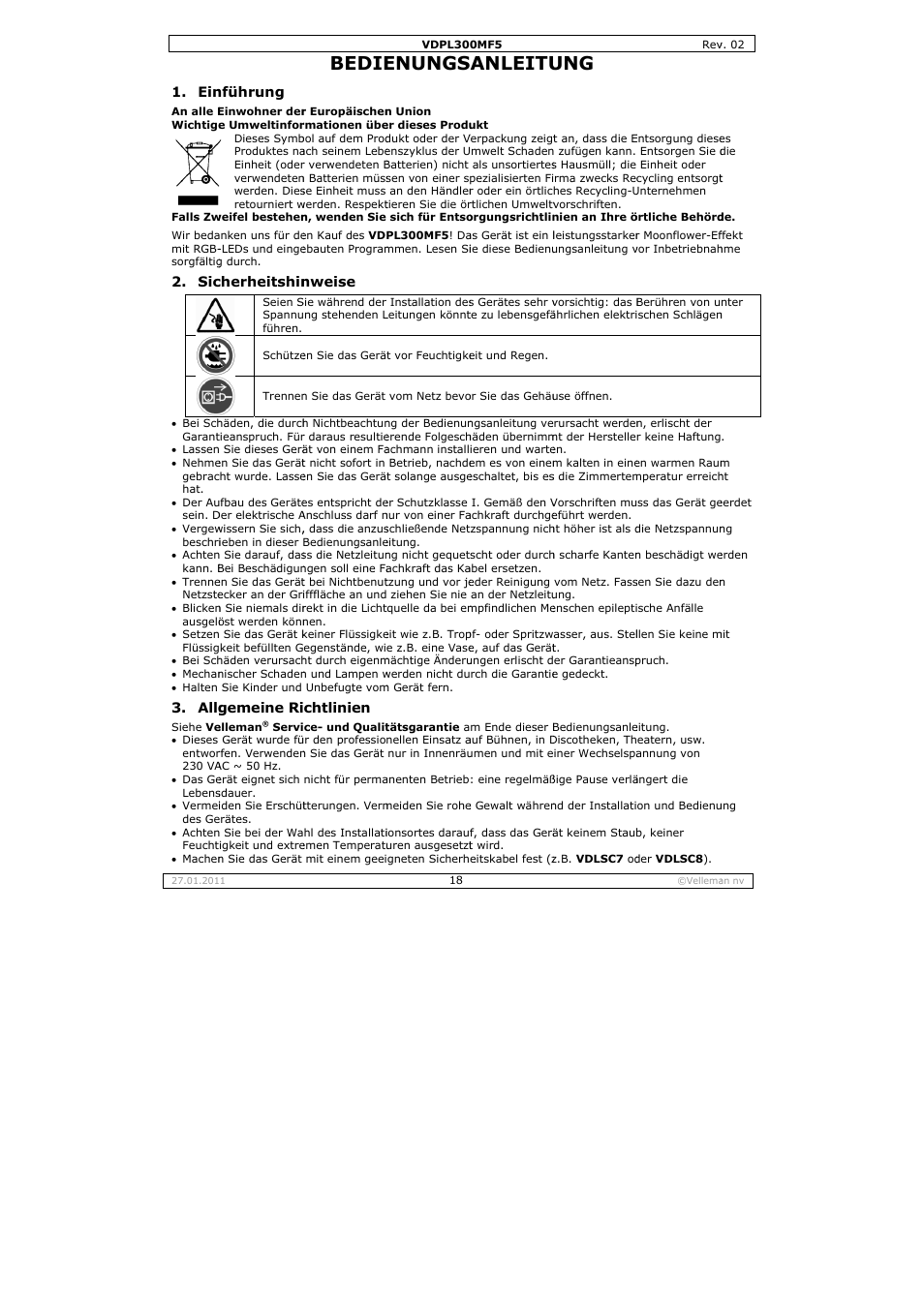 Bedie, Enungs, Anleitu | Velleman VDPL300MF5 User Manual | Page 18 / 23