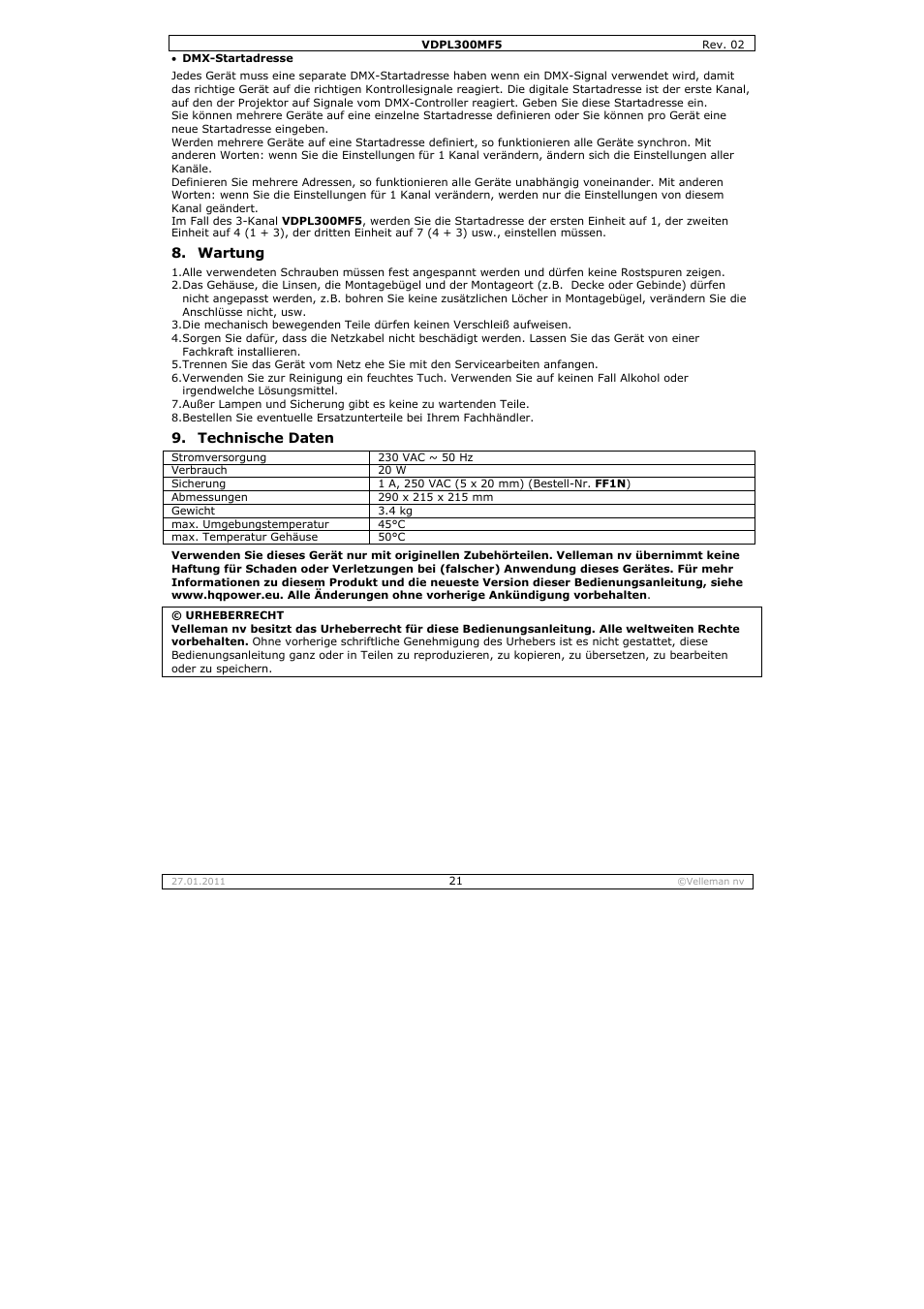 Velleman VDPL300MF5 User Manual | Page 21 / 23