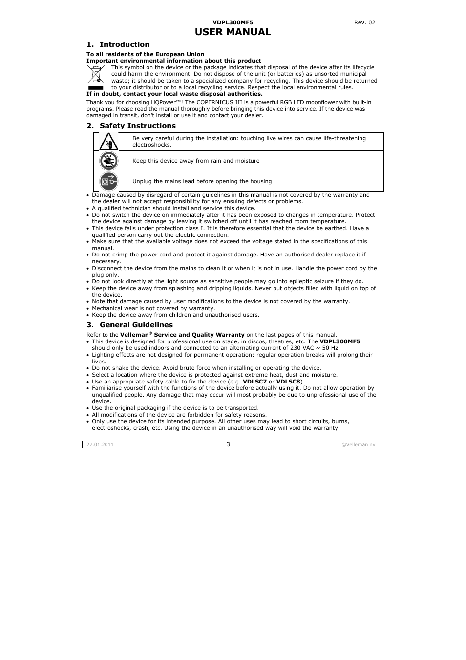 User ma, Anual | Velleman VDPL300MF5 User Manual | Page 3 / 23