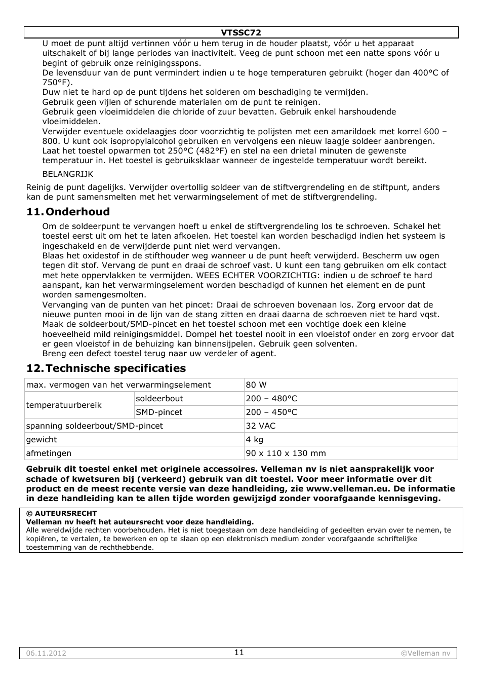 Onderhoud, Technische specificaties | Velleman VTSSC72 User Manual | Page 11 / 27