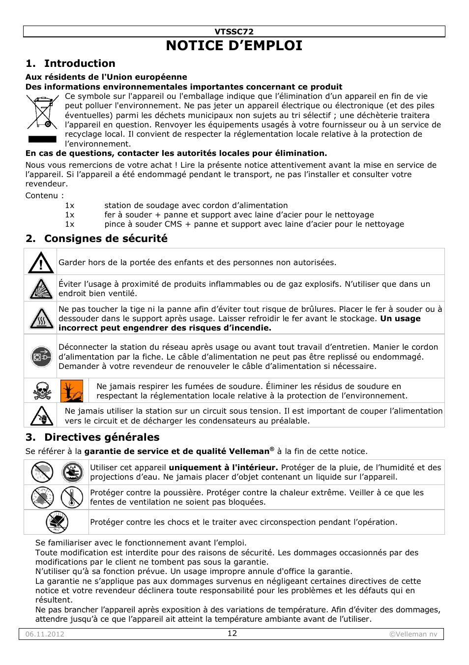 Notice d’emploi, Introduction, Consignes de sécurité | Directives générales | Velleman VTSSC72 User Manual | Page 12 / 27