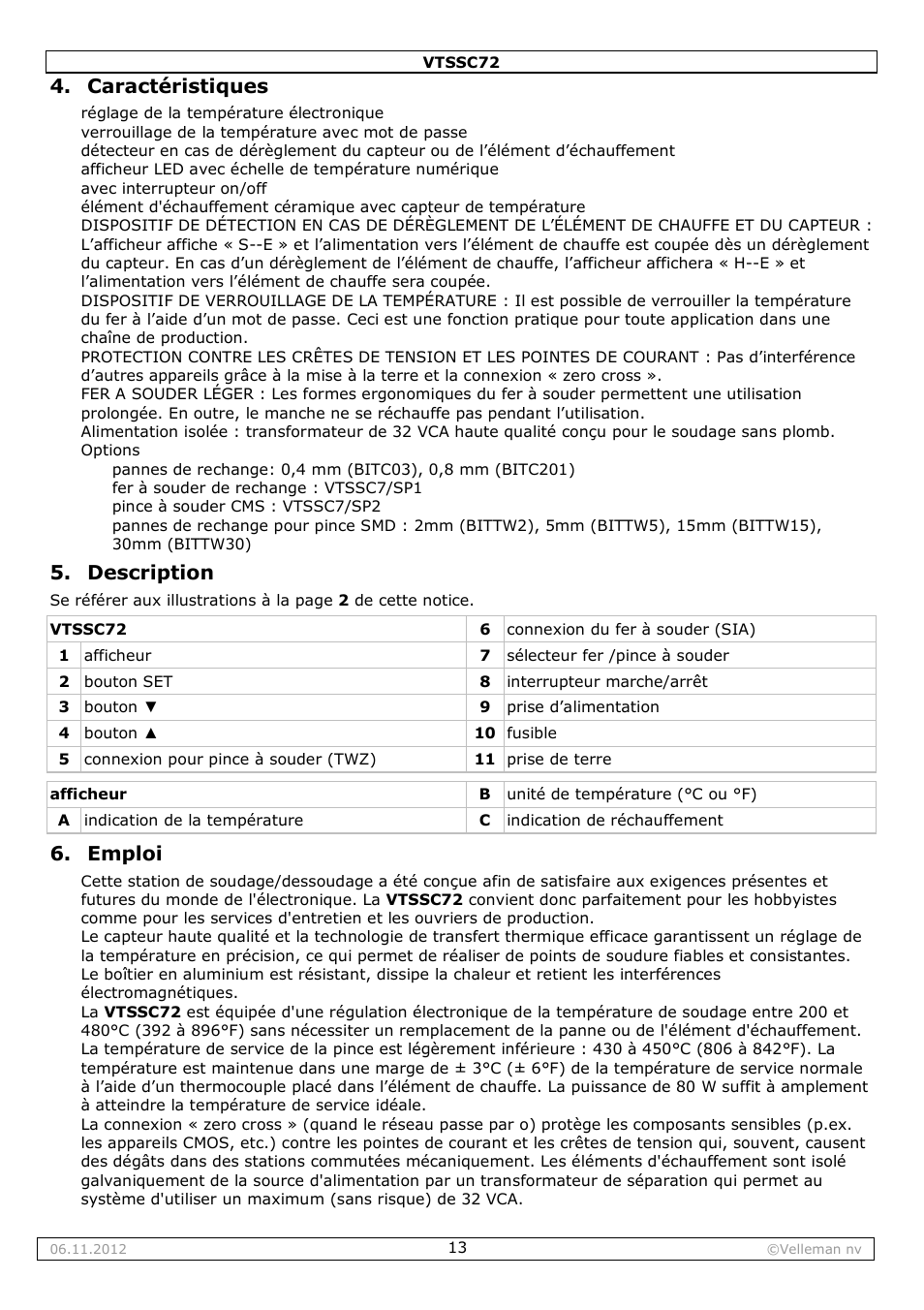 Caractéristiques, Description, Emploi | Velleman VTSSC72 User Manual | Page 13 / 27
