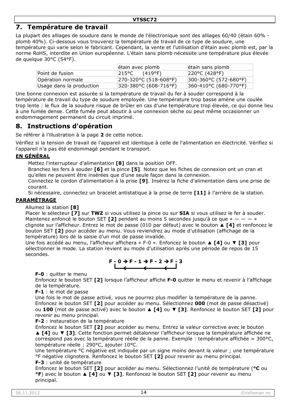 Température de travail, Instructions d'opération | Velleman VTSSC72 User Manual | Page 14 / 27