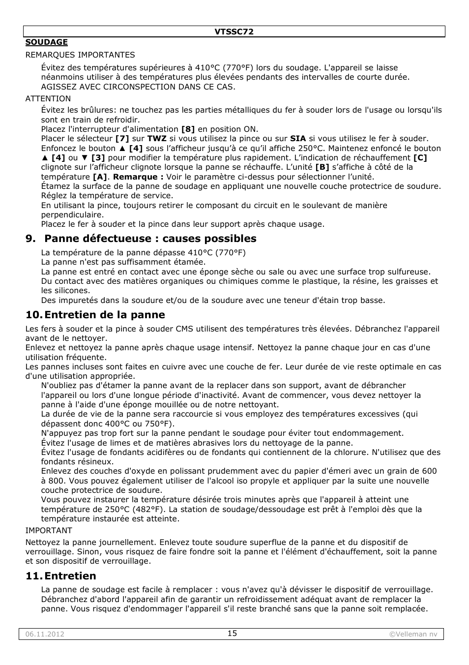 Panne défectueuse : causes possibles, Entretien de la panne, Entretien | Velleman VTSSC72 User Manual | Page 15 / 27