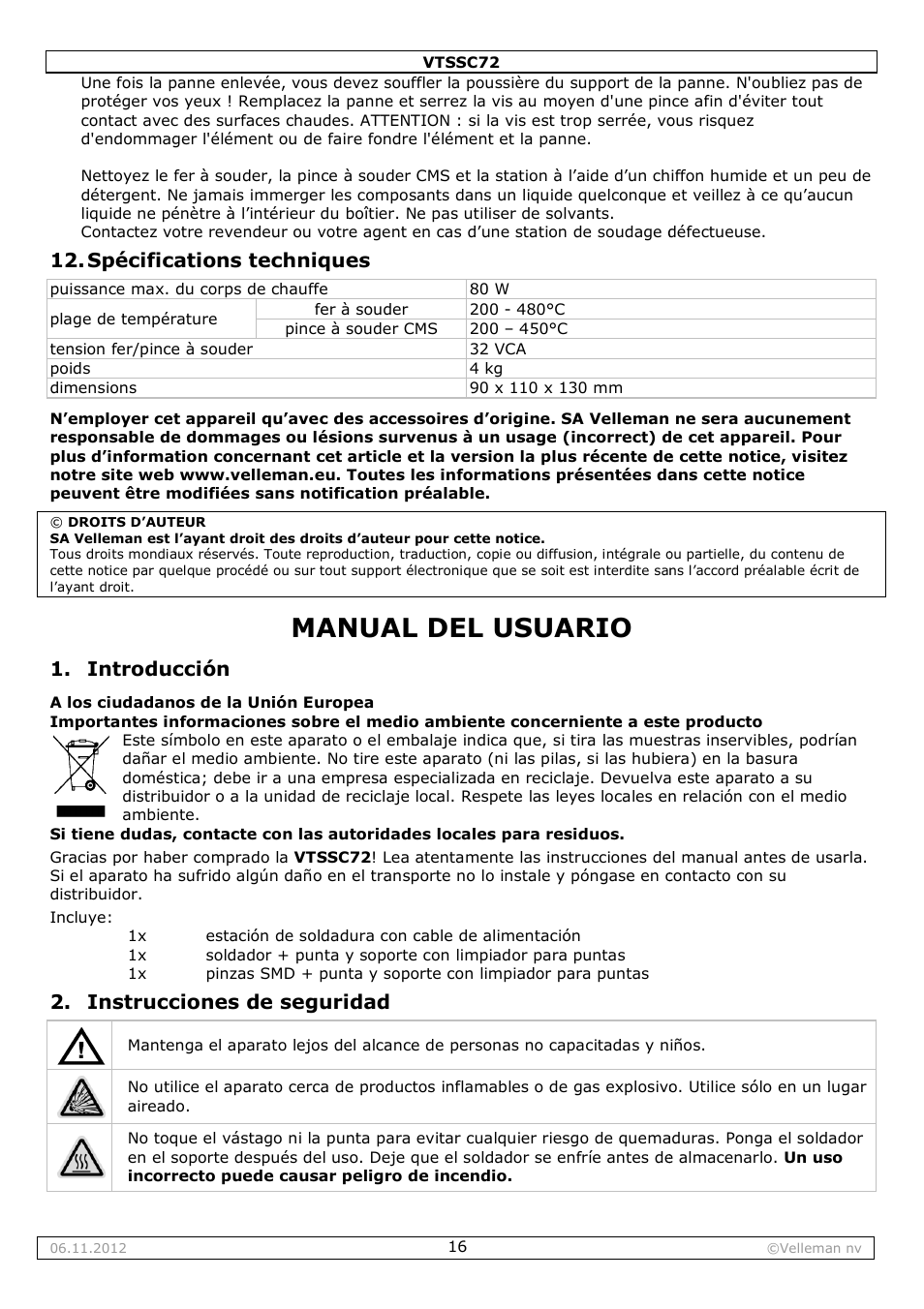 Manual del usuario, Spécifications techniques, Introducción | Instrucciones de seguridad | Velleman VTSSC72 User Manual | Page 16 / 27