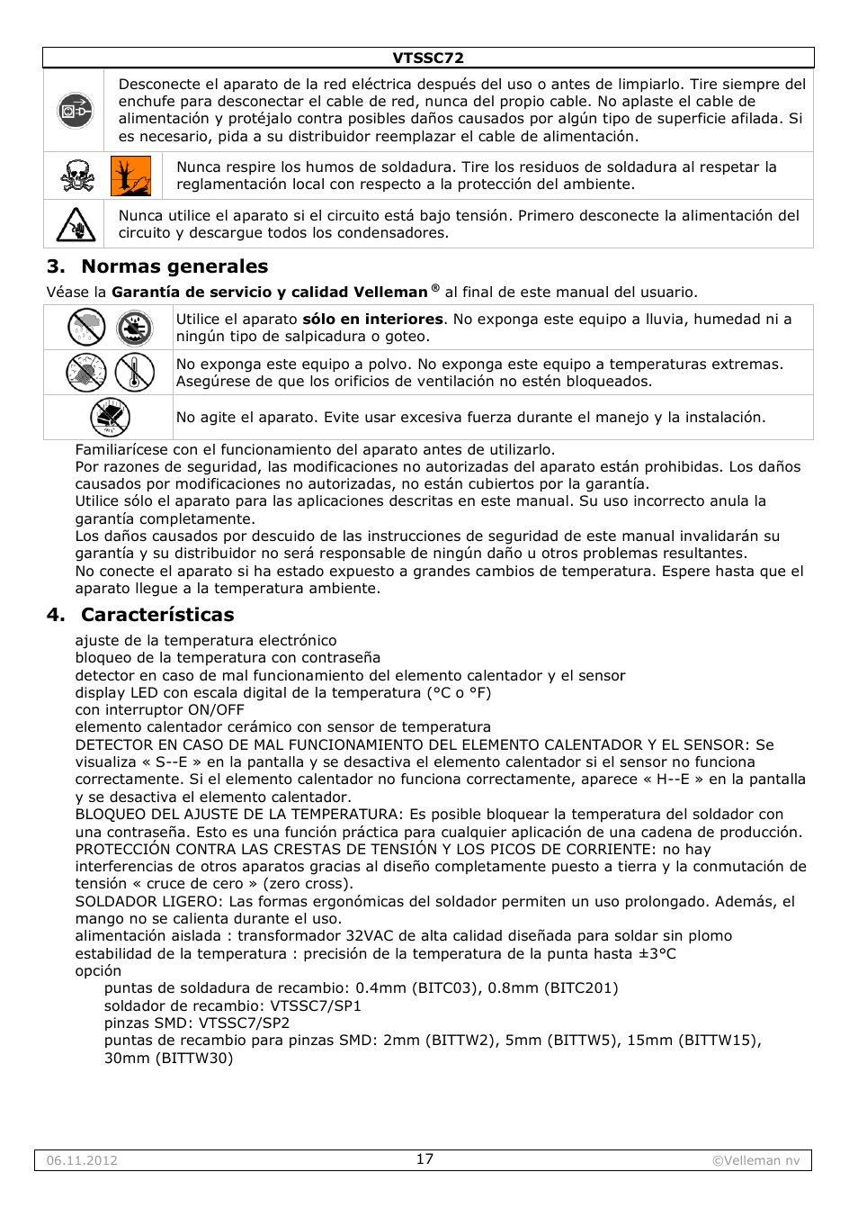 Normas generales, Características | Velleman VTSSC72 User Manual | Page 17 / 27