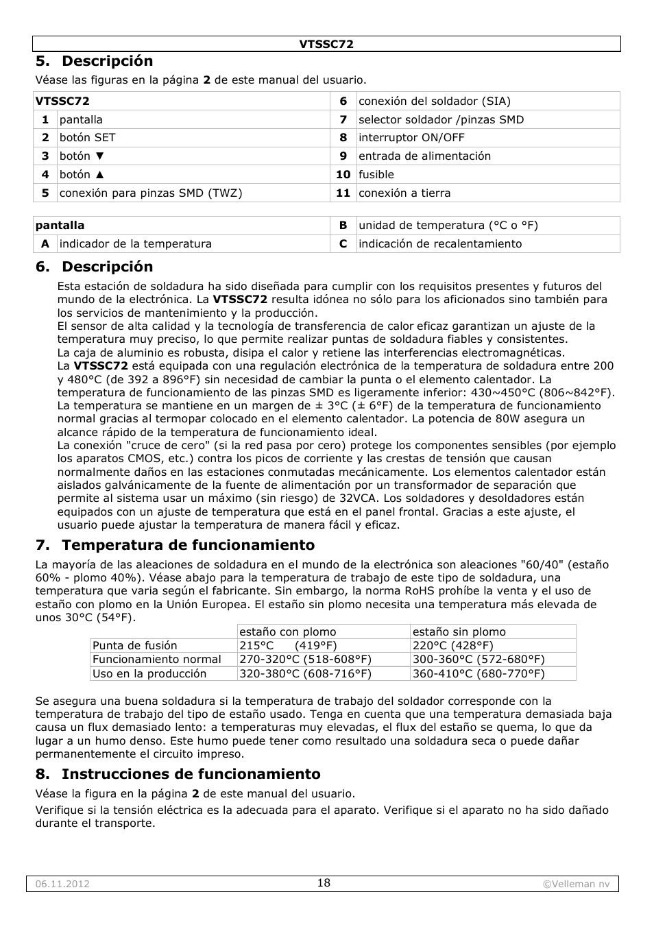 Descripción, Temperatura de funcionamiento, Instrucciones de funcionamiento | Velleman VTSSC72 User Manual | Page 18 / 27