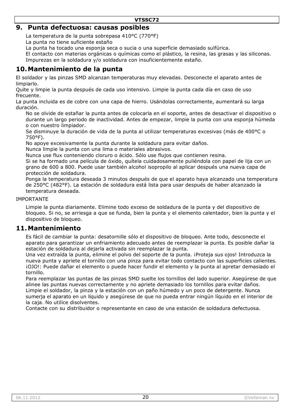 Punta defectuosa: causas posibles, Mantenimiento de la punta, Mantenimiento | Velleman VTSSC72 User Manual | Page 20 / 27