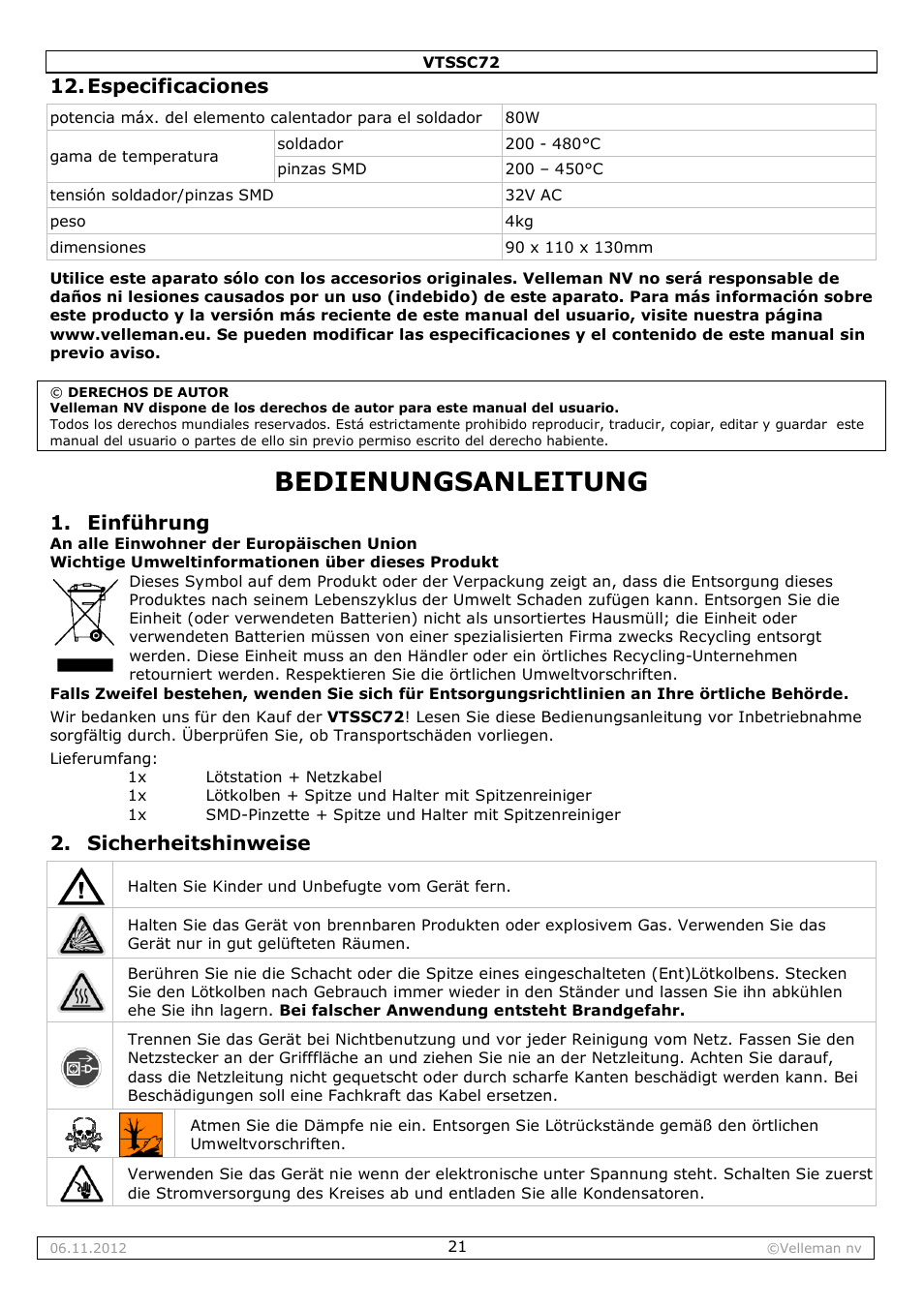 Bedienungsanleitung, Especificaciones, Einführung | Sicherheitshinweise | Velleman VTSSC72 User Manual | Page 21 / 27