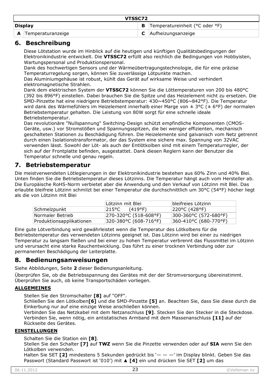 Beschreibung, Betriebstemperatur, Bedienungsanweisungen | Velleman VTSSC72 User Manual | Page 23 / 27