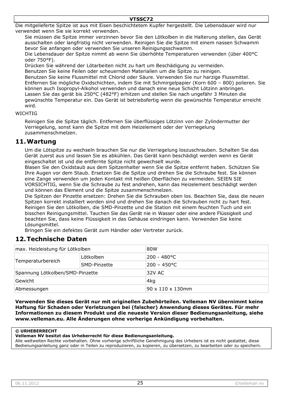 Wartung, Technische daten | Velleman VTSSC72 User Manual | Page 25 / 27