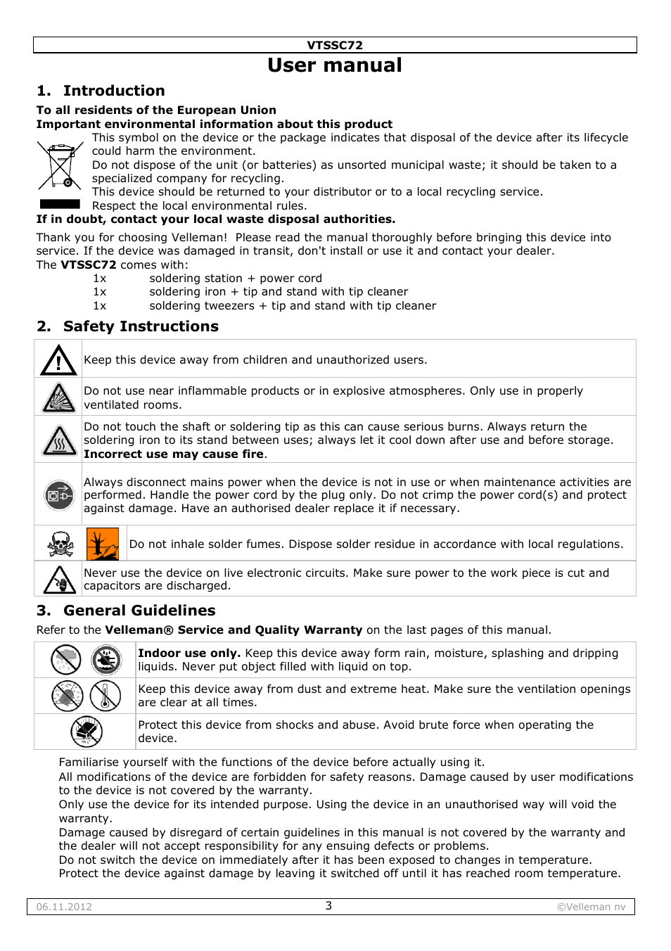 User manual, Introduction, Safety instructions | General guidelines | Velleman VTSSC72 User Manual | Page 3 / 27