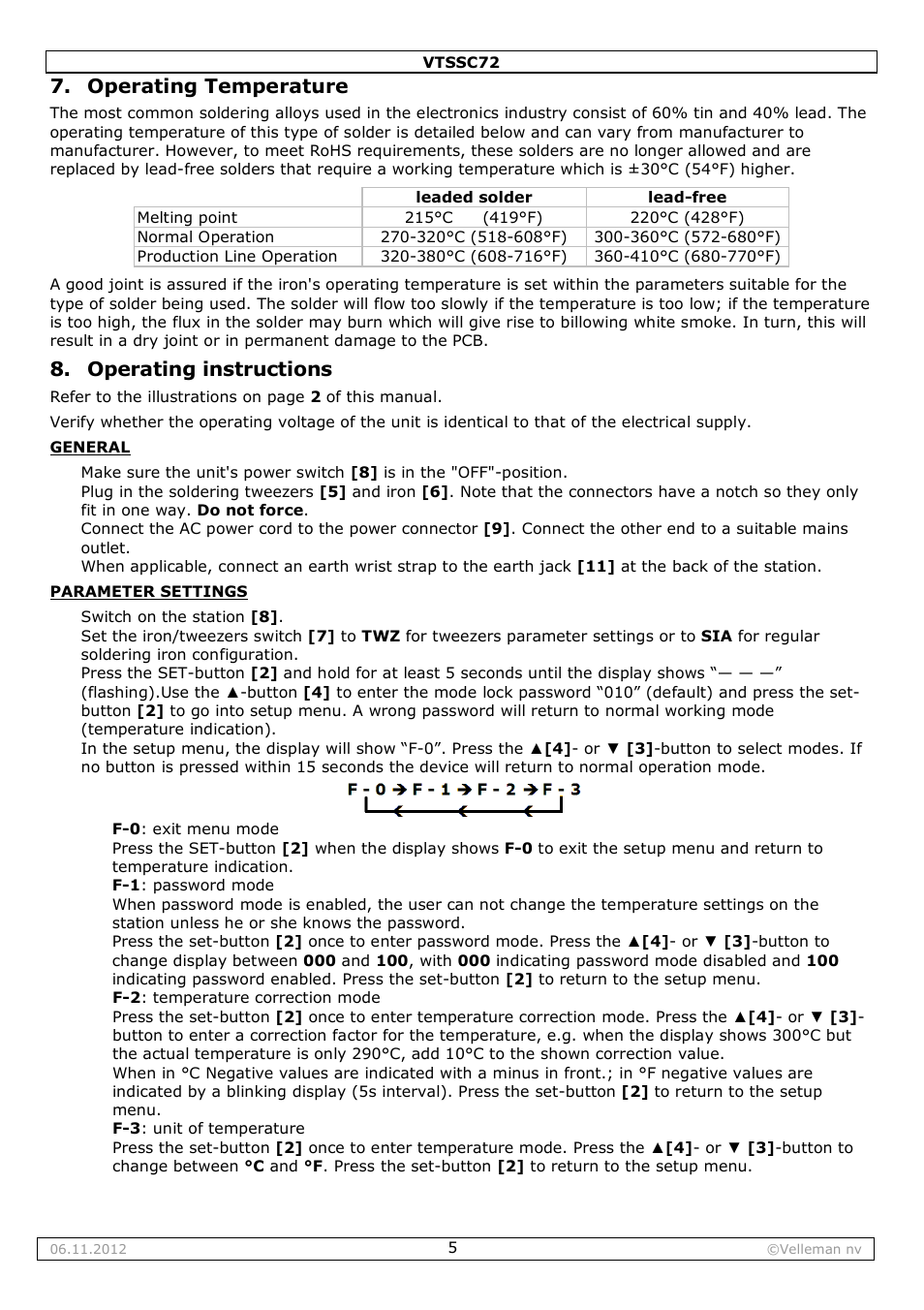 Operating temperature, Operating instructions | Velleman VTSSC72 User Manual | Page 5 / 27
