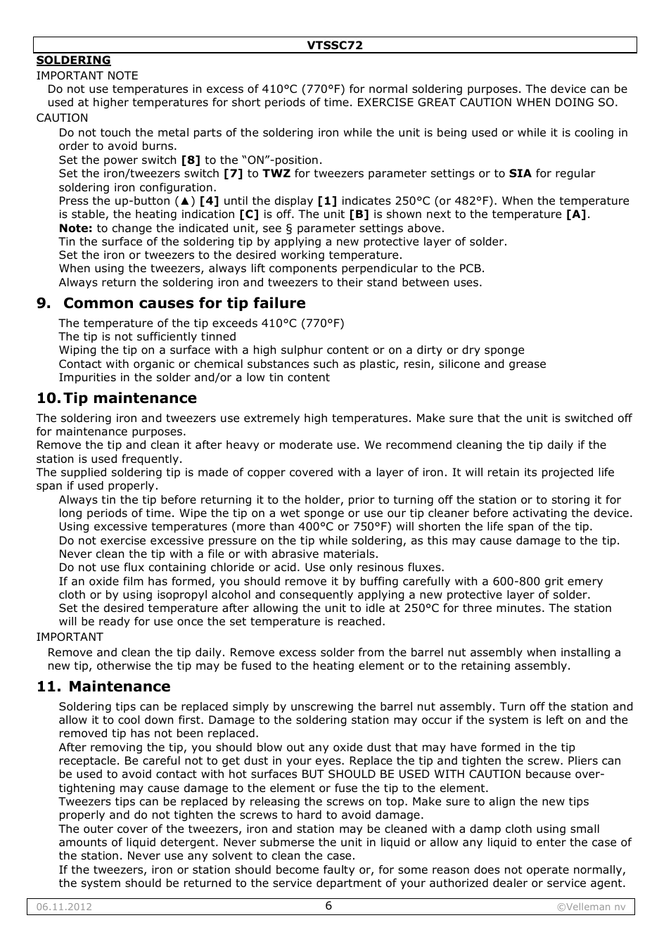 Common causes for tip failure, Tip maintenance, Maintenance | Velleman VTSSC72 User Manual | Page 6 / 27