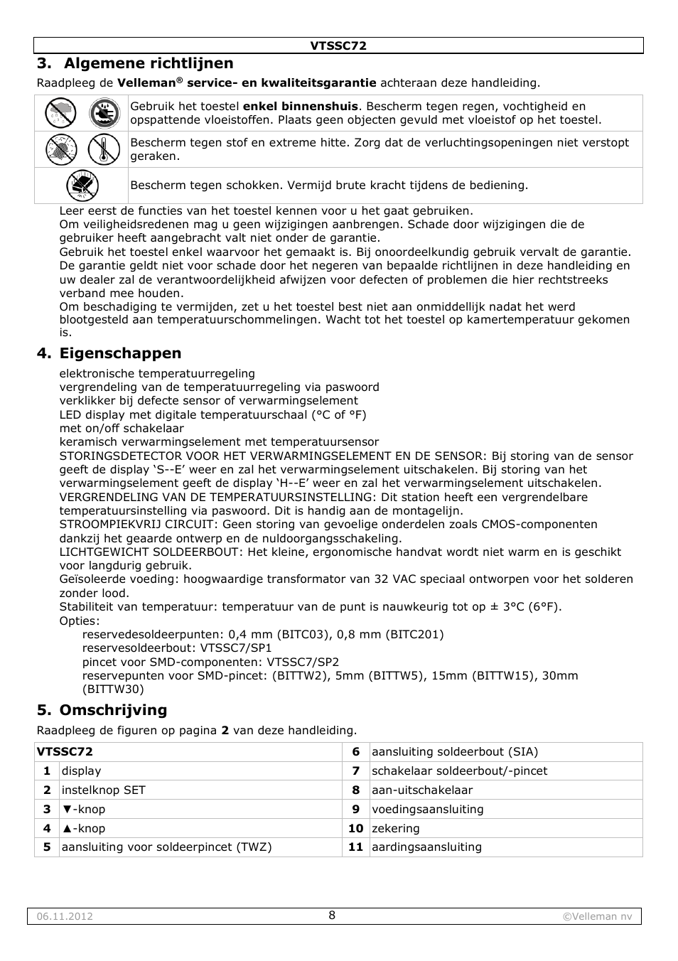 Algemene richtlijnen, Eigenschappen, Omschrijving | Velleman VTSSC72 User Manual | Page 8 / 27