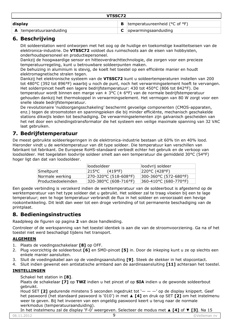 Beschrijving, Bedrijfstemperatuur, Bedieningsinstructies | Velleman VTSSC72 User Manual | Page 9 / 27