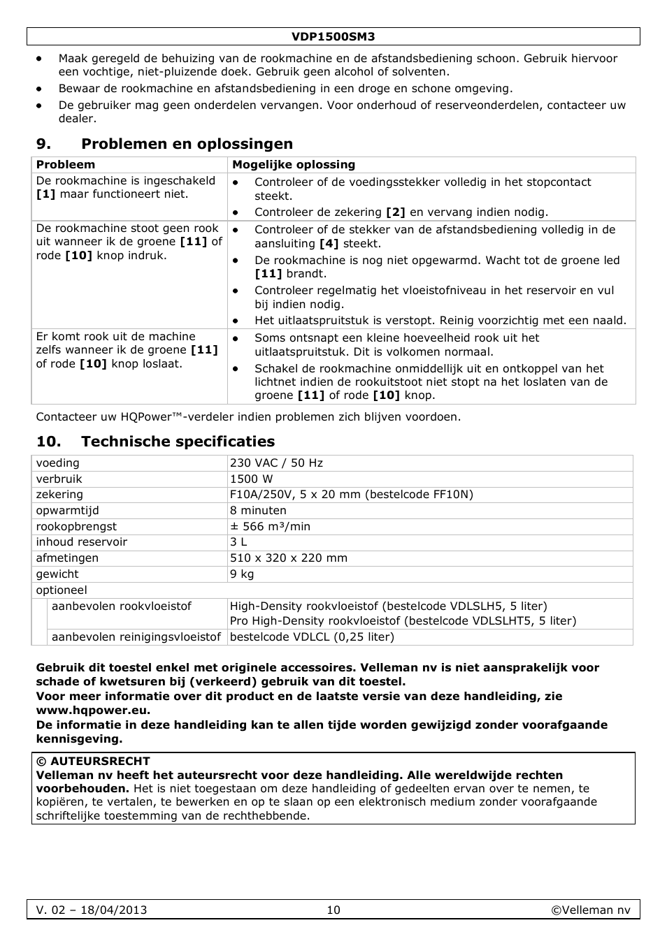 Problemen en oplossingen, Technische specificaties | Velleman VDP1500SM3 User Manual | Page 10 / 29