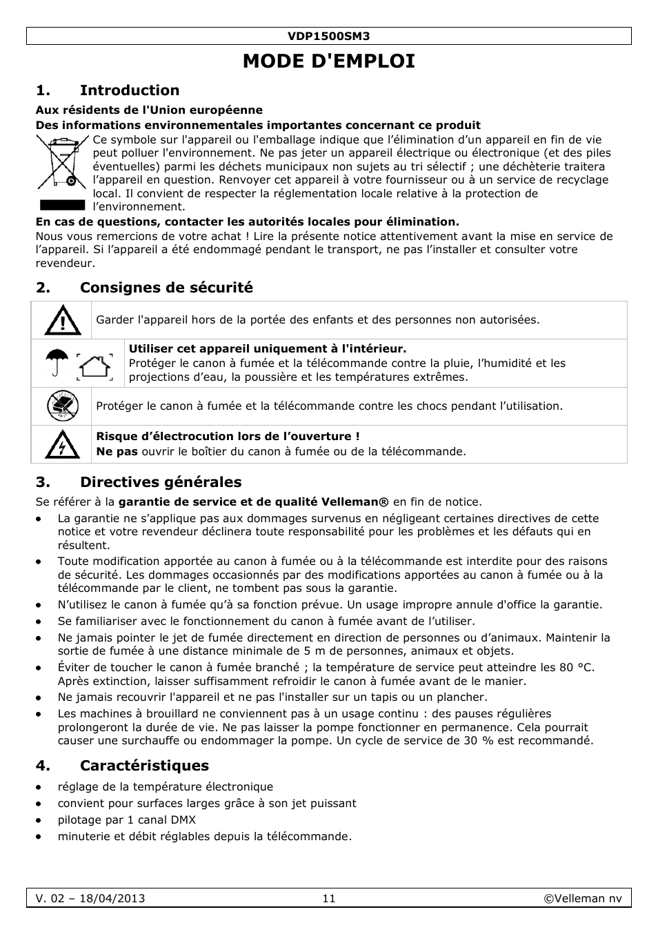 Mode d'emploi, Introduction, Consignes de sécurité | Directives générales, Caractéristiques | Velleman VDP1500SM3 User Manual | Page 11 / 29