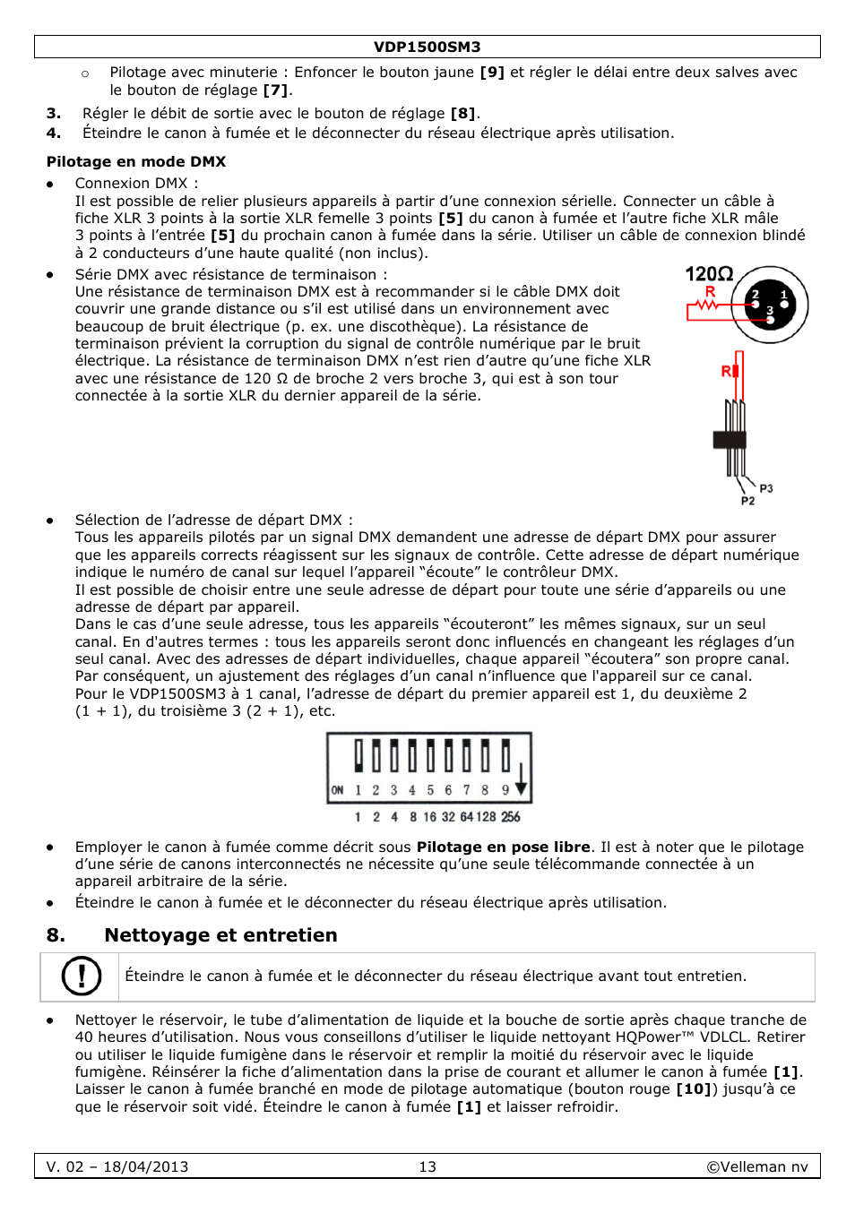 Pilotage en mode dmx, Nettoyage et entretien | Velleman VDP1500SM3 User Manual | Page 13 / 29