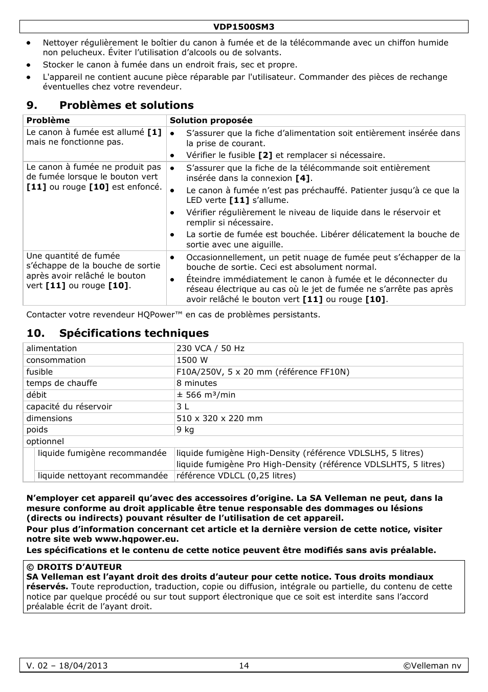 Problèmes et solutions, Spécifications techniques | Velleman VDP1500SM3 User Manual | Page 14 / 29