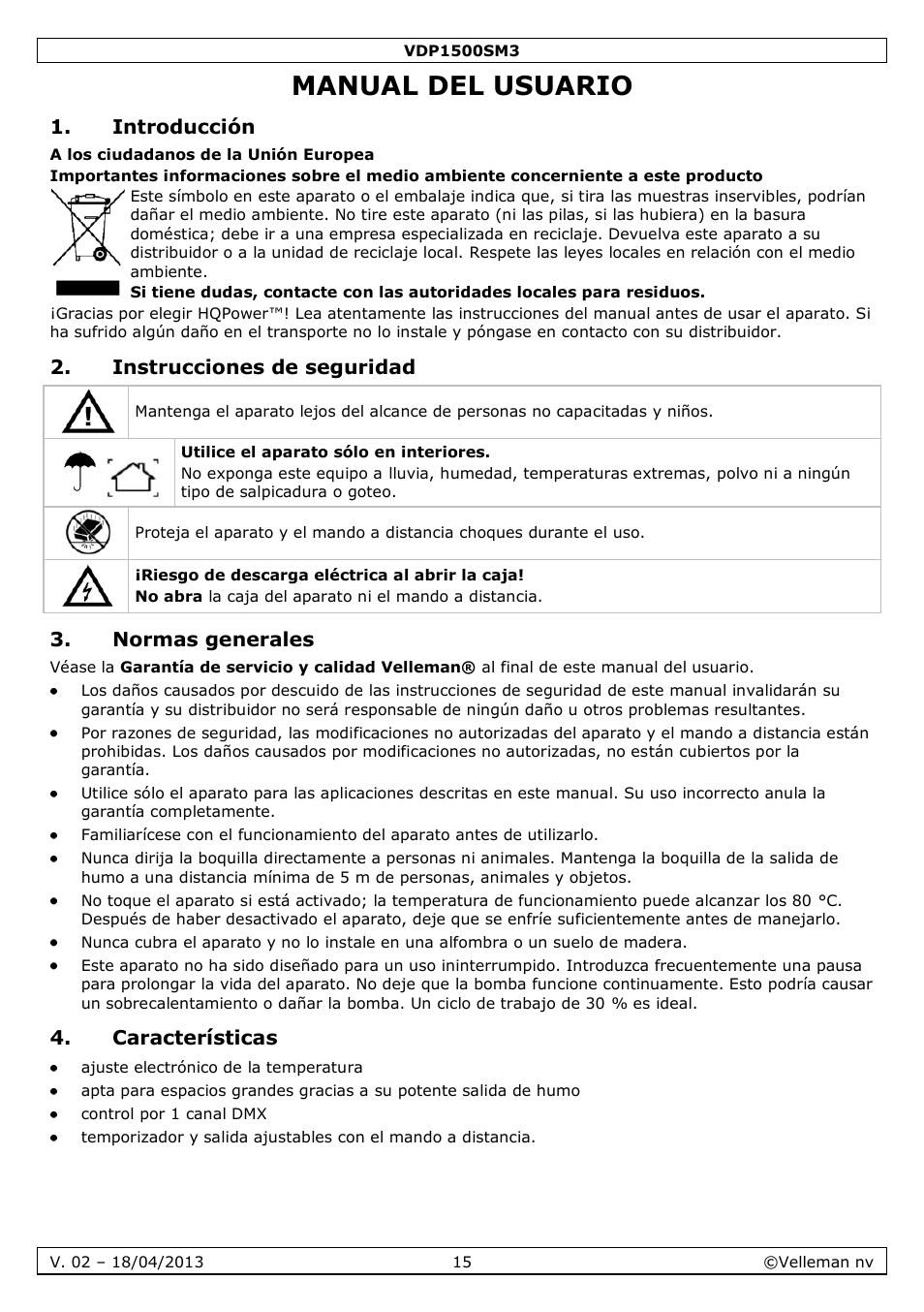 Manual del usuario, Introducción, Instrucciones de seguridad | Normas generales, Características | Velleman VDP1500SM3 User Manual | Page 15 / 29