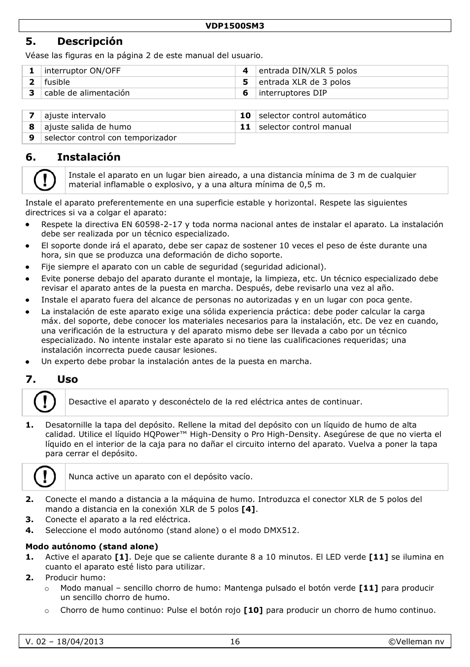 Descripción, Instalación, Modo autónomo (stand alone) | Velleman VDP1500SM3 User Manual | Page 16 / 29