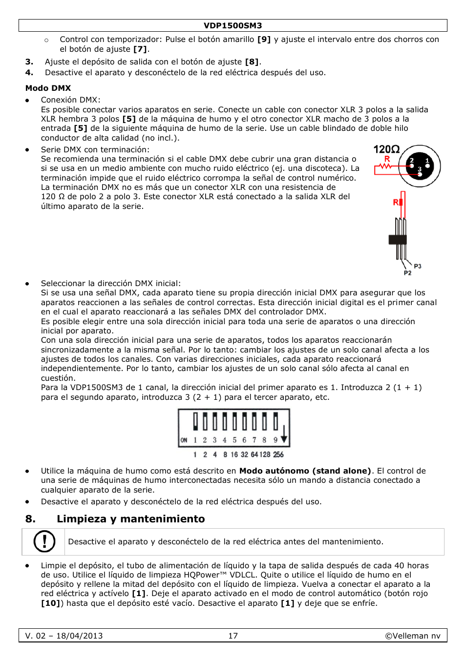 Modo dmx, Limpieza y mantenimiento | Velleman VDP1500SM3 User Manual | Page 17 / 29