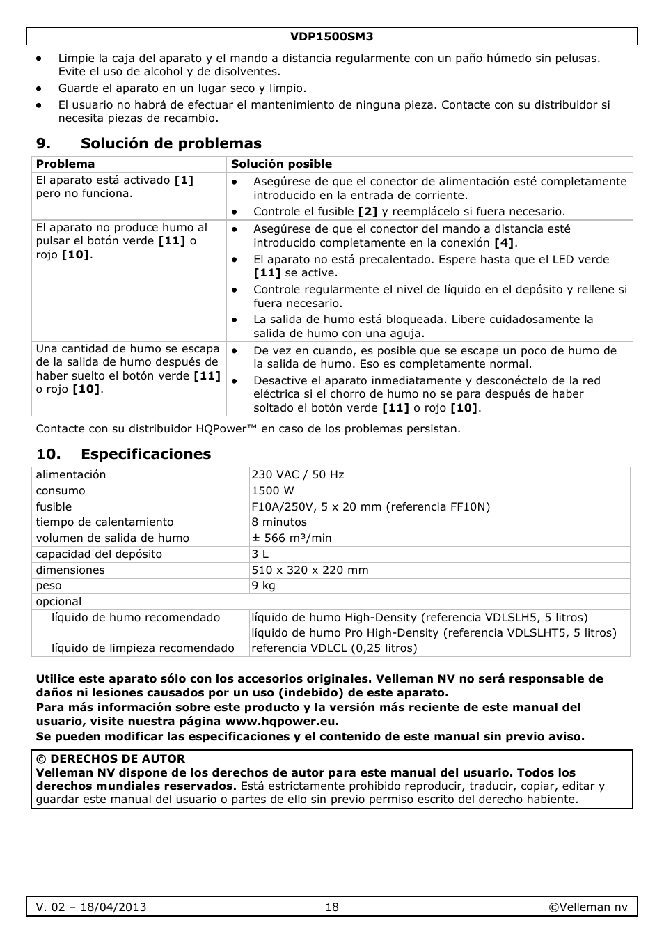 Solución de problemas, Especificaciones | Velleman VDP1500SM3 User Manual | Page 18 / 29