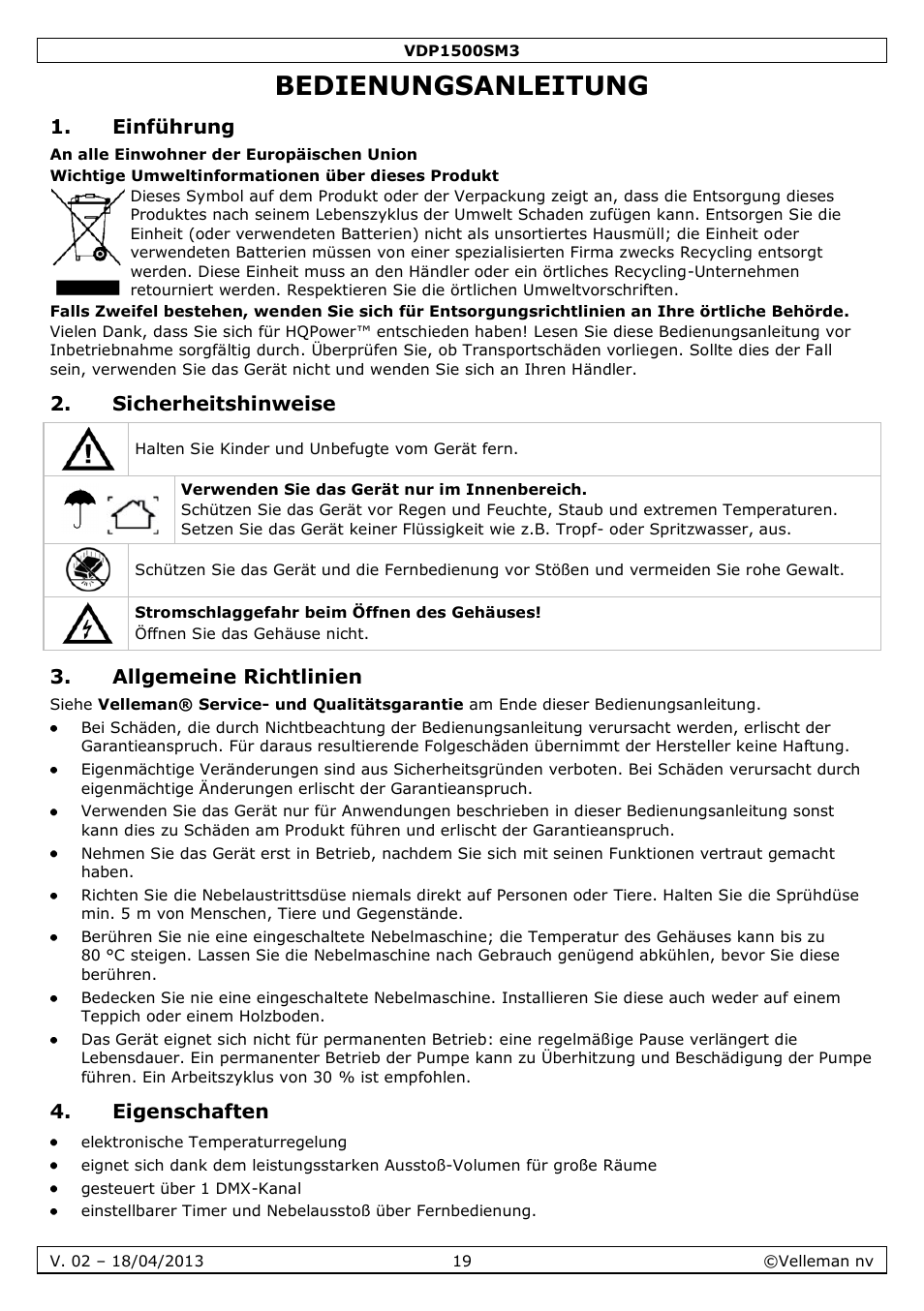 Bedienungsanleitung, Einführung, Sicherheitshinweise | Allgemeine richtlinien, Eigenschaften | Velleman VDP1500SM3 User Manual | Page 19 / 29