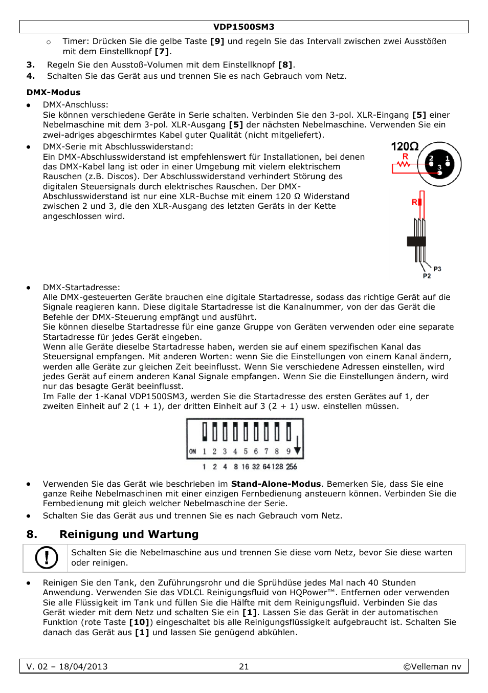 Dmx-modus, Reinigung und wartung | Velleman VDP1500SM3 User Manual | Page 21 / 29