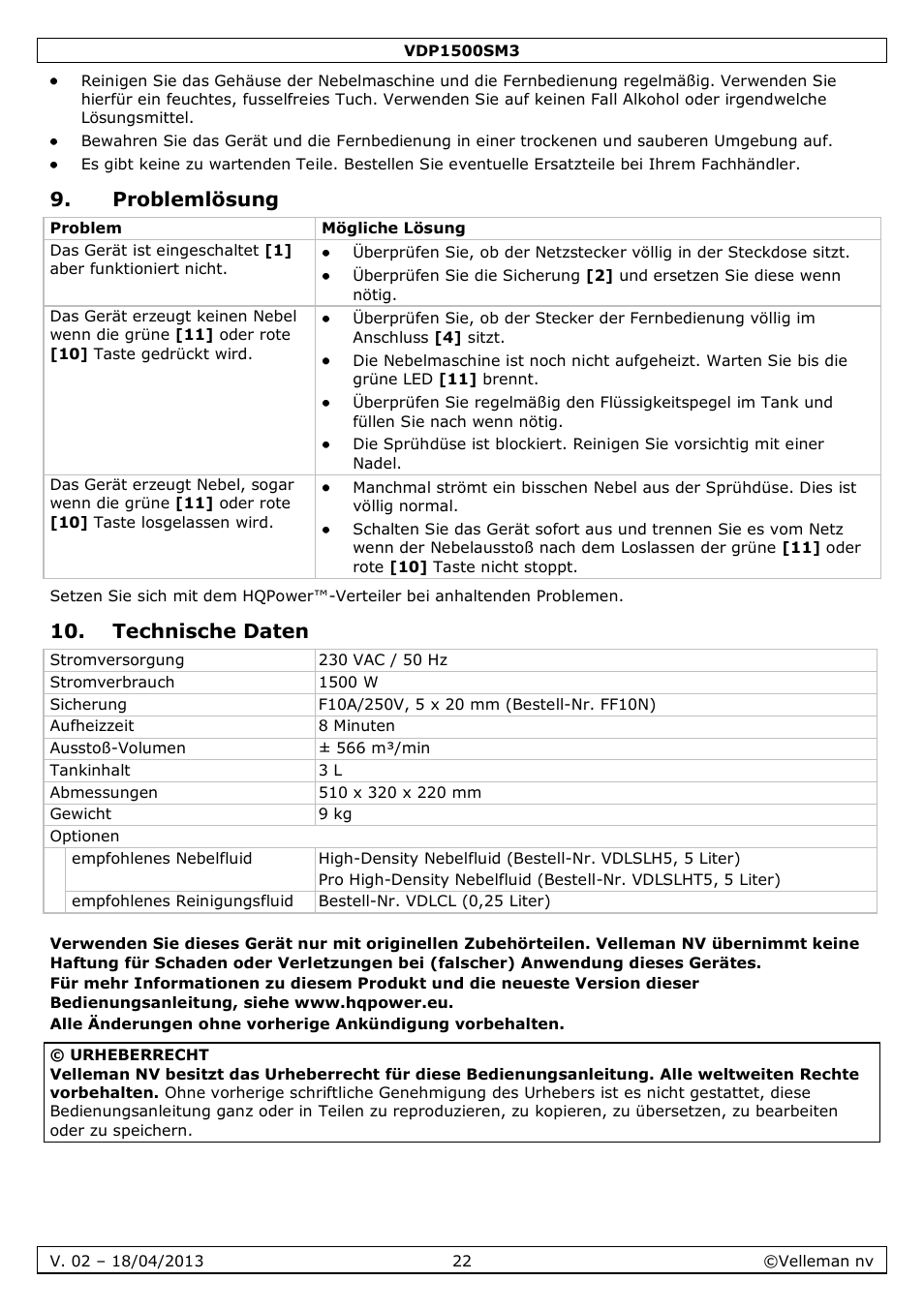 Problemlösung, Technische daten | Velleman VDP1500SM3 User Manual | Page 22 / 29