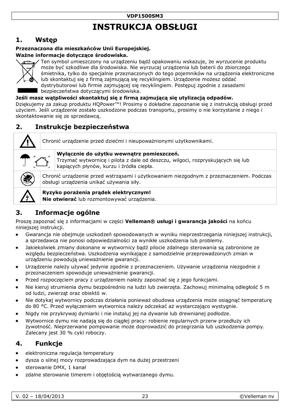 Instrukcja obsługi, Wstęp, Instrukcje bezpieczeństwa | Informacje ogólne, Funkcje | Velleman VDP1500SM3 User Manual | Page 23 / 29