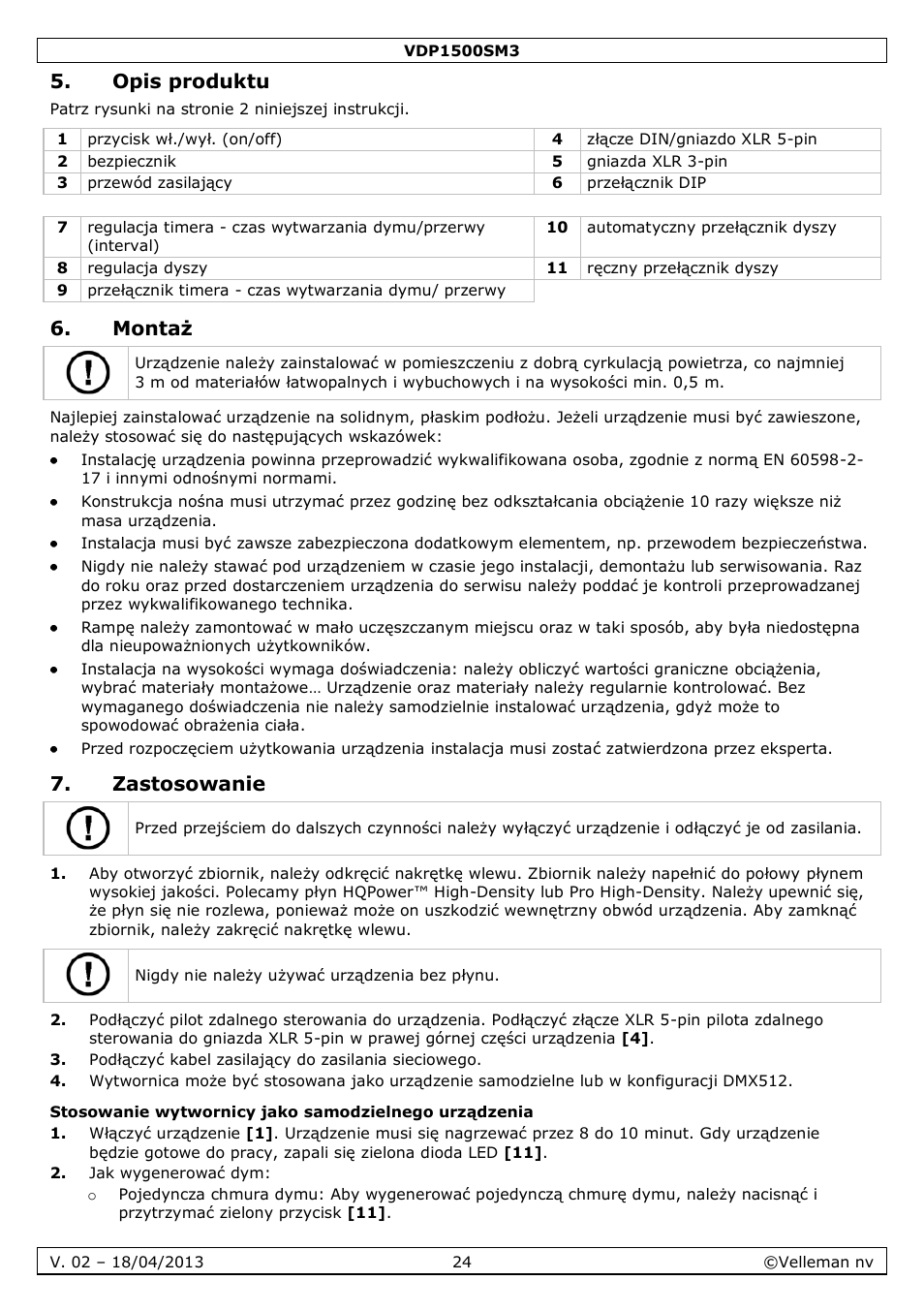 Opis produktu, Montaż, Zastosowanie | Velleman VDP1500SM3 User Manual | Page 24 / 29