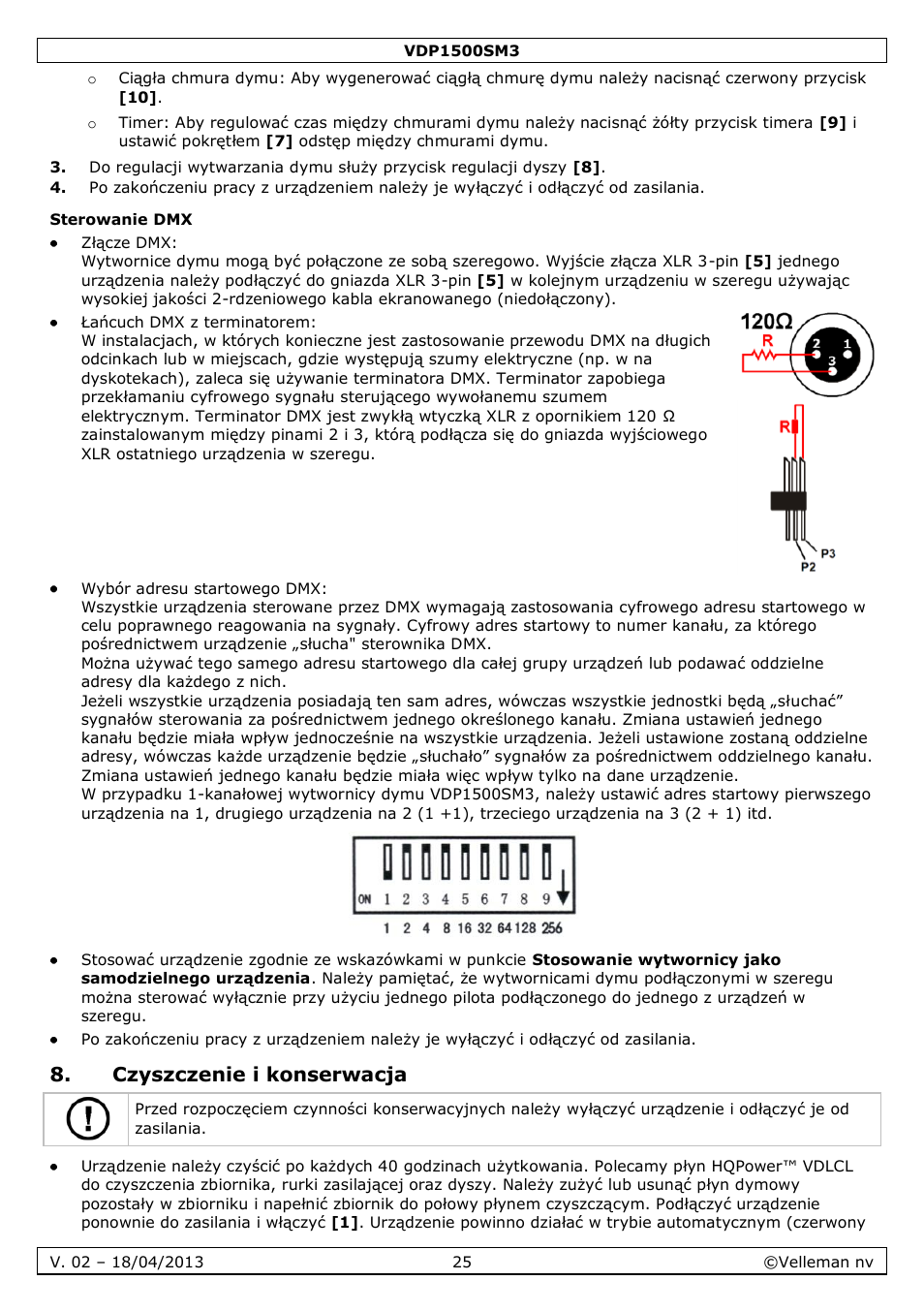 Sterowanie dmx, Czyszczenie i konserwacja | Velleman VDP1500SM3 User Manual | Page 25 / 29