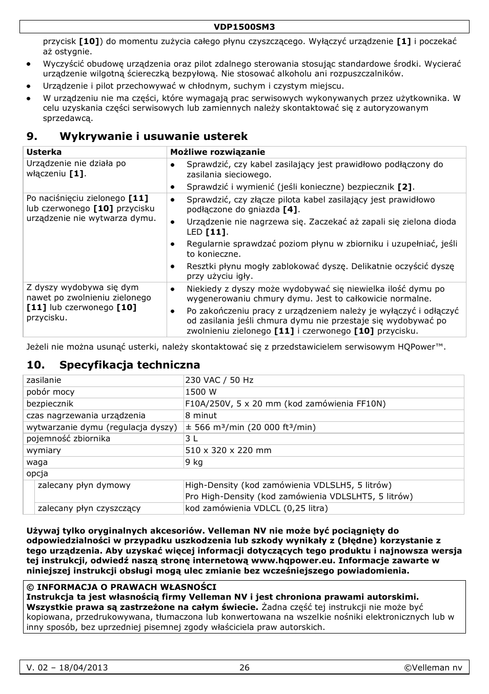Wykrywanie i usuwanie usterek, Specyfikacja techniczna | Velleman VDP1500SM3 User Manual | Page 26 / 29