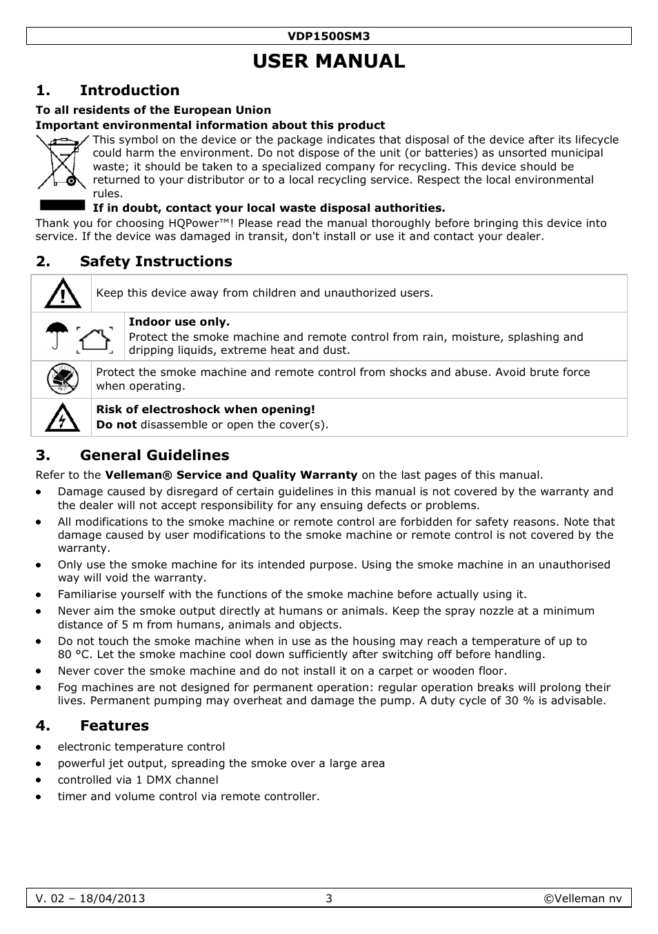 User manual, Introduction, Safety instructions | General guidelines, Features | Velleman VDP1500SM3 User Manual | Page 3 / 29