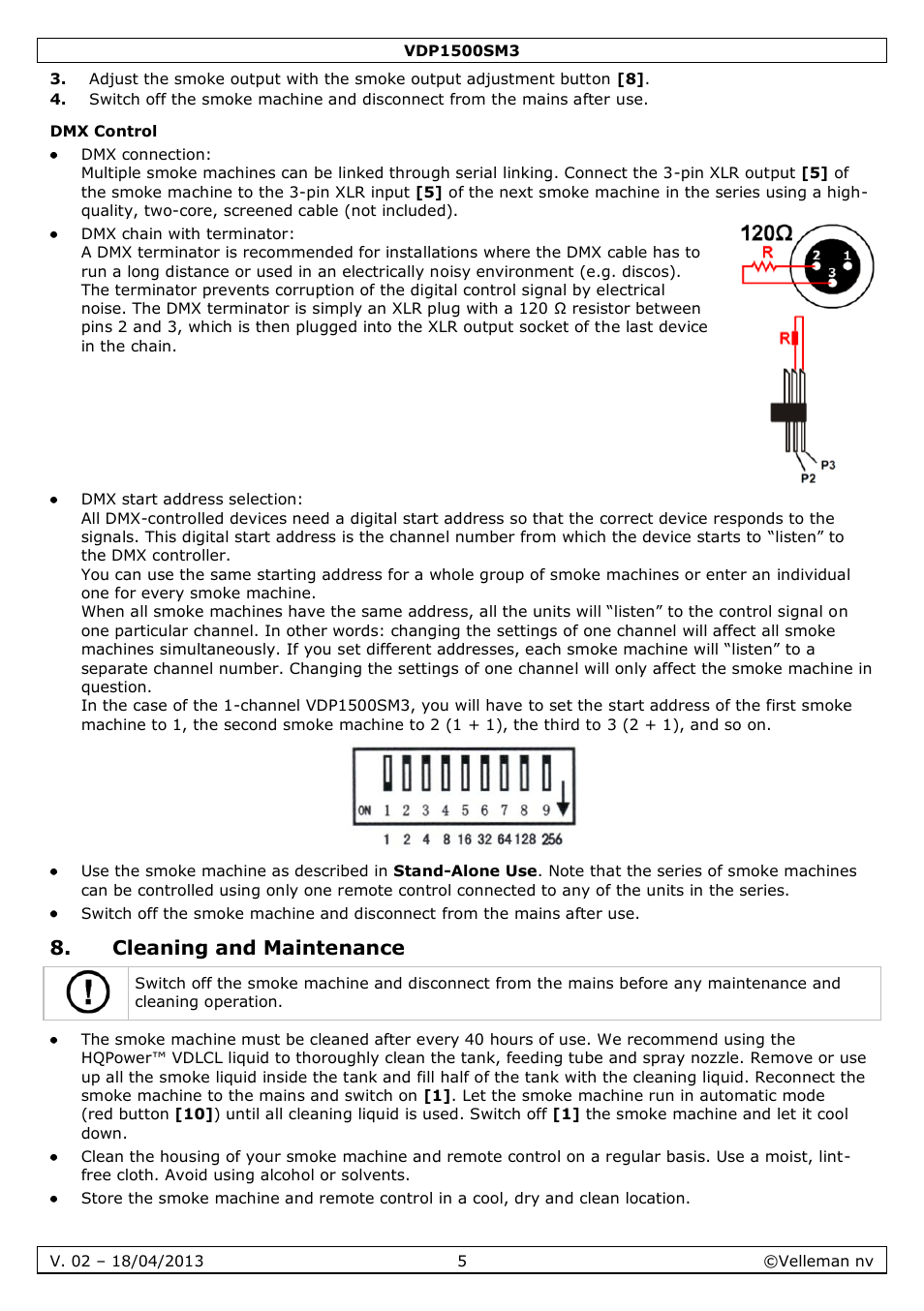 Dmx control, Cleaning and maintenance | Velleman VDP1500SM3 User Manual | Page 5 / 29