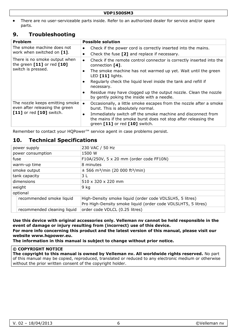Troubleshooting, Technical specifications | Velleman VDP1500SM3 User Manual | Page 6 / 29