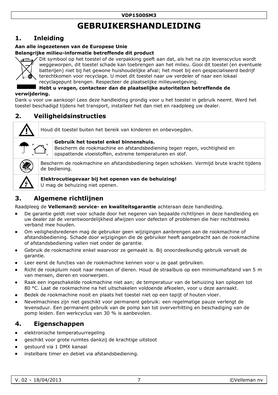 Gebruikershandleiding, Inleiding, Veiligheidsinstructies | Algemene richtlijnen, Eigenschappen | Velleman VDP1500SM3 User Manual | Page 7 / 29