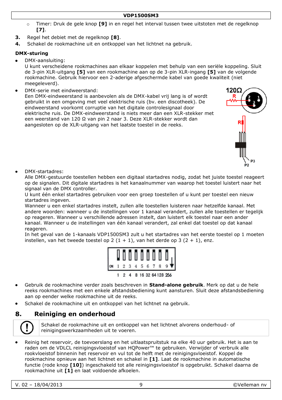 Dmx-sturing, Reiniging en onderhoud | Velleman VDP1500SM3 User Manual | Page 9 / 29
