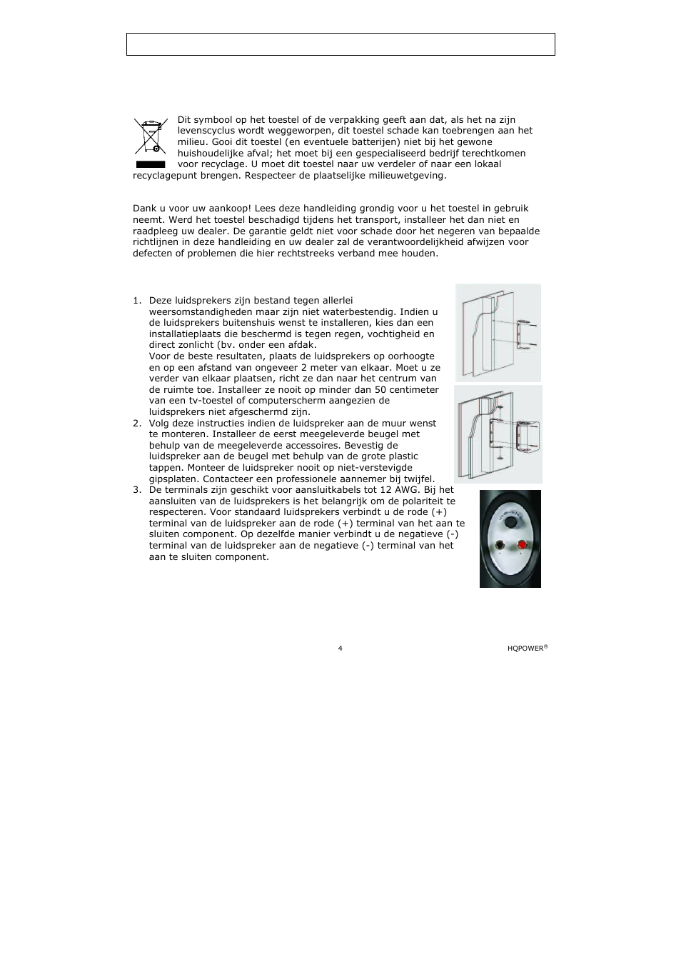 Dynamische 2-weg luidsprekers, Inleiding, Installatie | Velleman VDSMB15 User Manual | Page 4 / 13