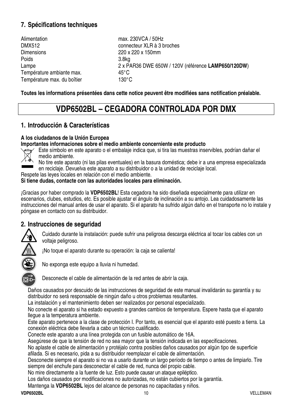 Vdp6502bl – cegadora controlada por dmx | Velleman VDP6502BL User Manual | Page 10 / 16