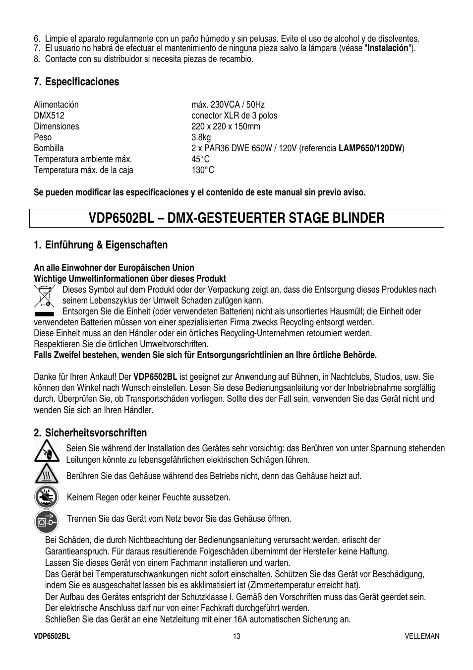 Vdp6502bl – dmx-gesteuerter stage blinder | Velleman VDP6502BL User Manual | Page 13 / 16