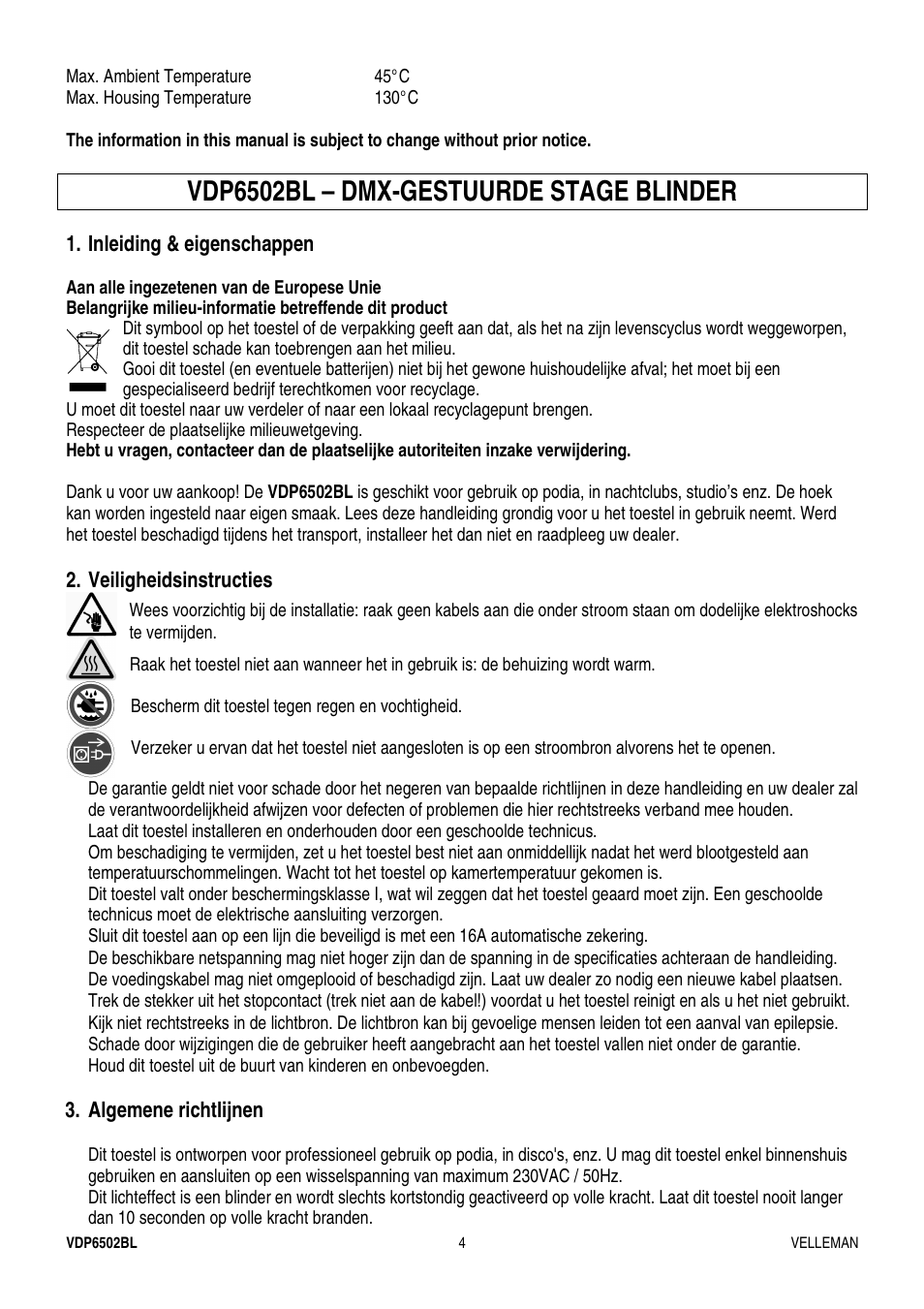 Vdp6502bl – dmx-gestuurde stage blinder | Velleman VDP6502BL User Manual | Page 4 / 16