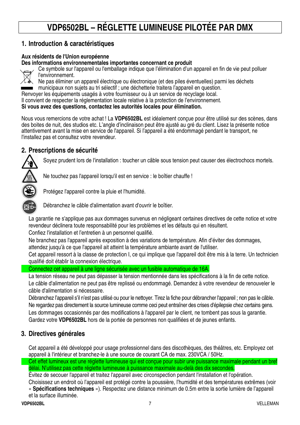 Vdp6502bl – réglette lumineuse pilotée par dmx | Velleman VDP6502BL User Manual | Page 7 / 16
