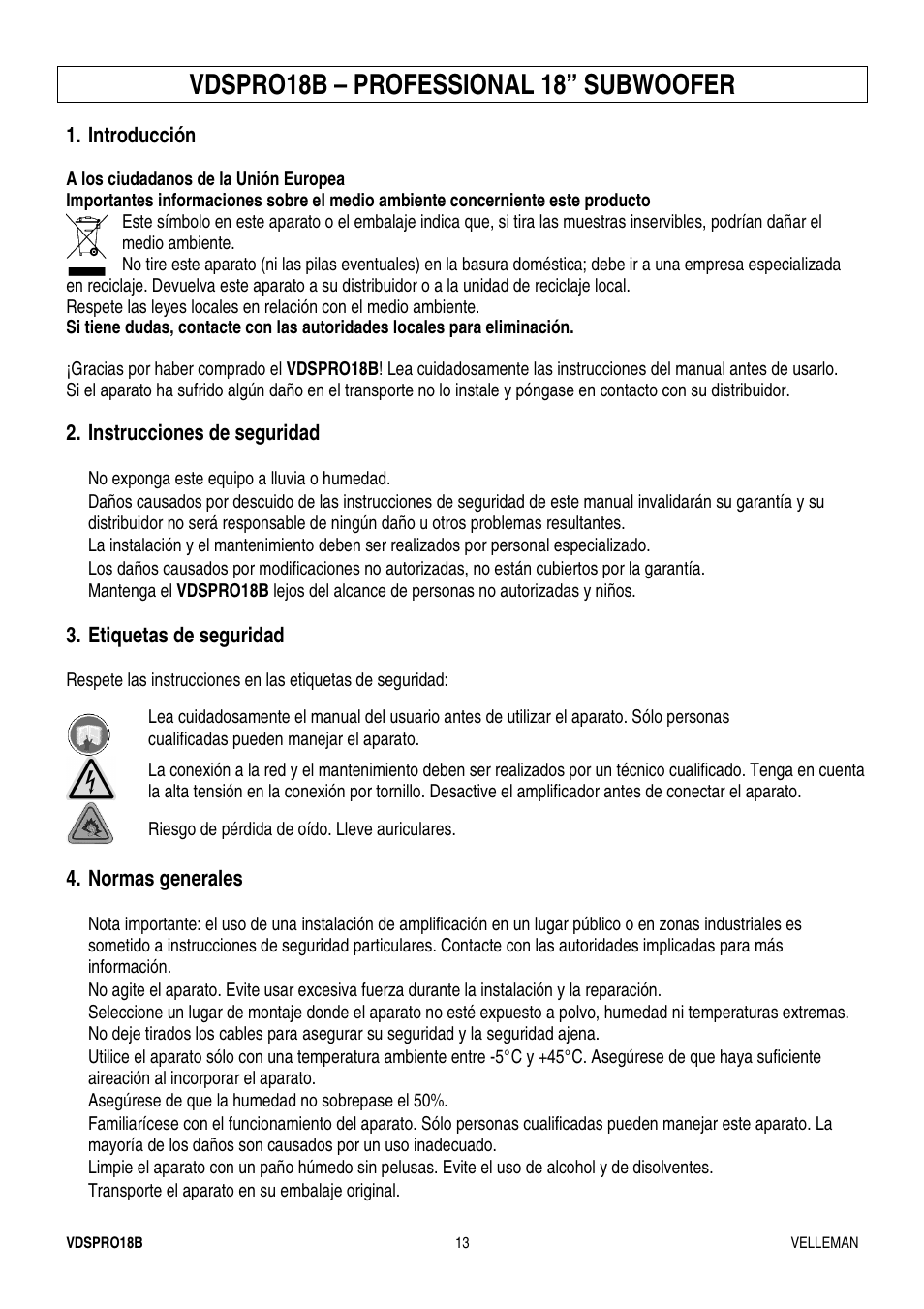 Vdspro18b – professional 18” subwoofer | Velleman VDSPRO18B User Manual | Page 13 / 21