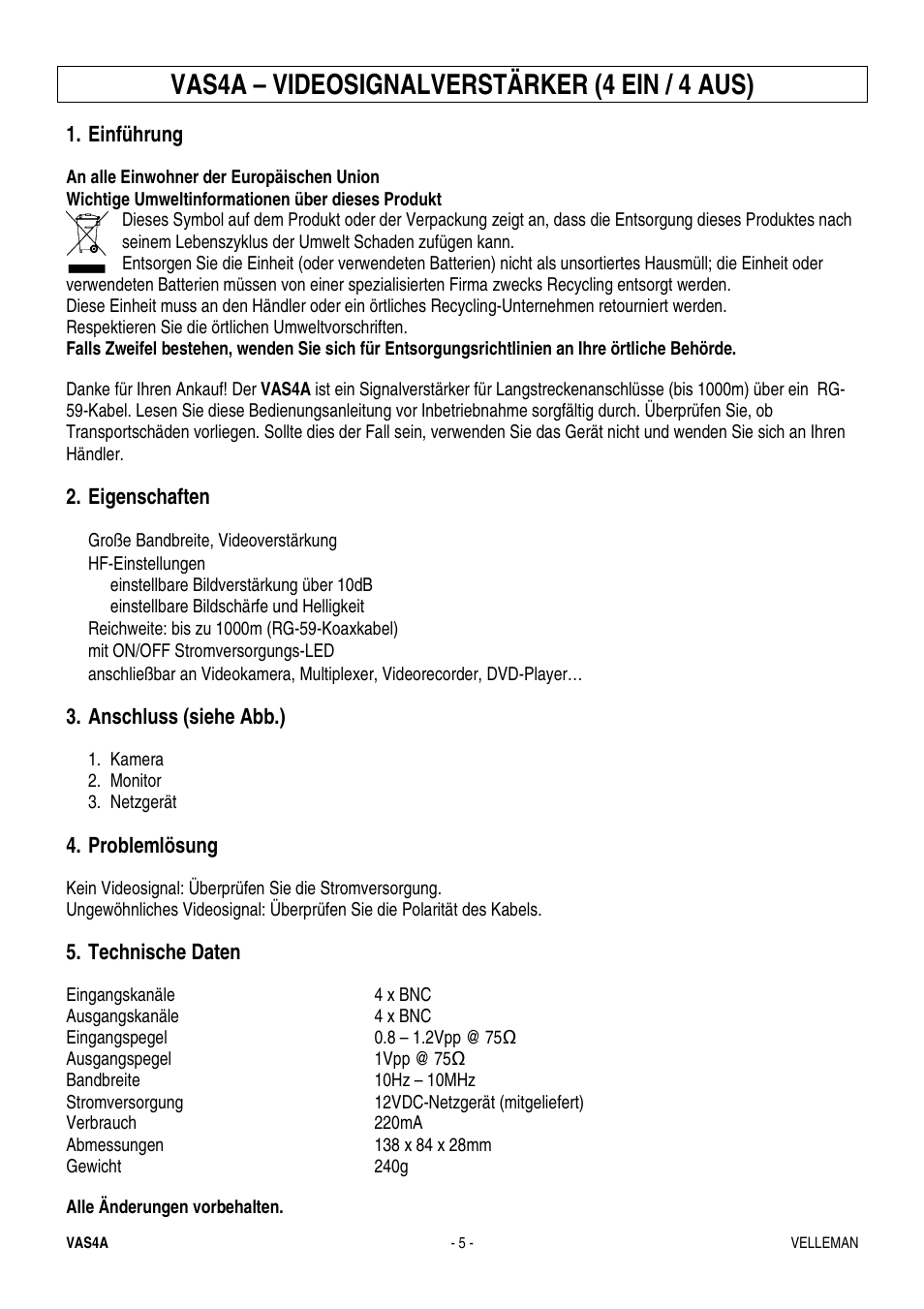 Vas4a – videosignalverstärker (4 ein / 4 aus) | Velleman VAS4A User Manual | Page 5 / 5