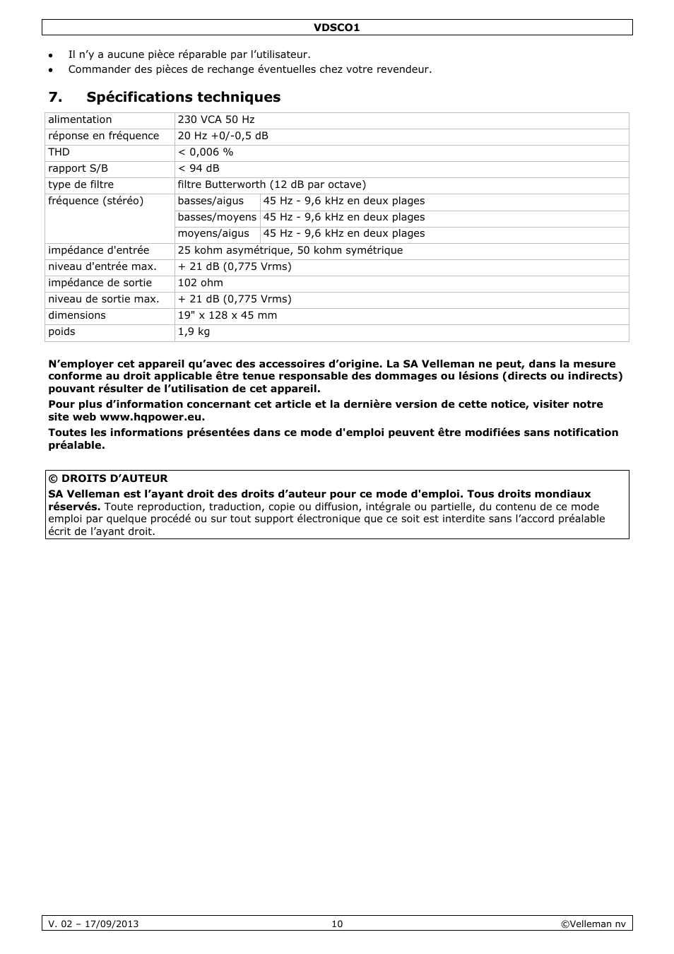 Spécifications techniques | Velleman VDSCO1 User Manual | Page 10 / 18