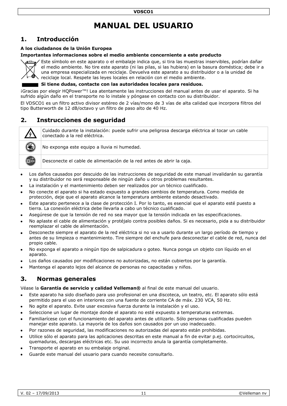 Manual del usuario, Introducción, Instrucciones de seguridad | Normas generales | Velleman VDSCO1 User Manual | Page 11 / 18